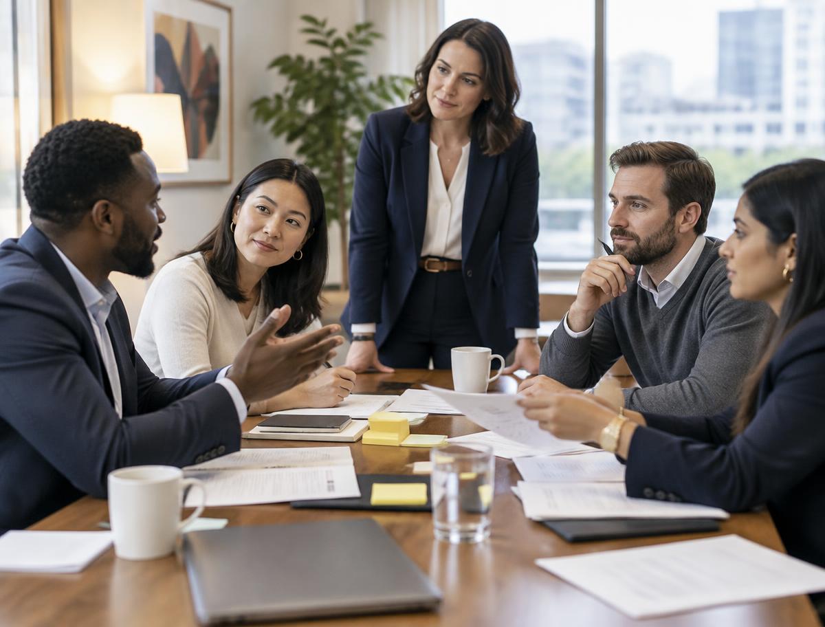 Grupo de participantes resolviendo un caso de estudio en una mesa